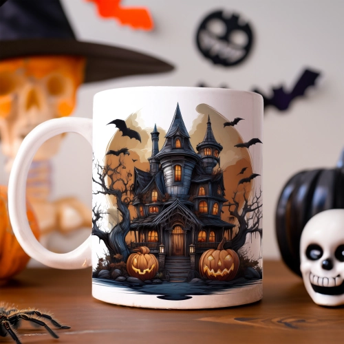 HALLOWEENOWY KUBEK 330ml NA HERBATĘ KAWĘ NA PREZENT STRASZNY DWÓR DOM ZAMEK