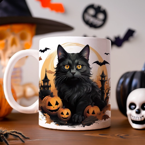 HALLOWEENOWY KUBEK 330ml NA HERBATĘ KAWĘ NA PREZENT CZARNY KOT STRASZNY DWÓR DOM ZAMEK