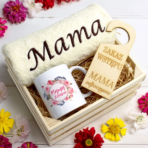 KOMPLET DLA MAMY RĘCZNIK Z HAFTEM + KUBEK 330ml NA PREZENT DZIEŃ MATKI MAMA