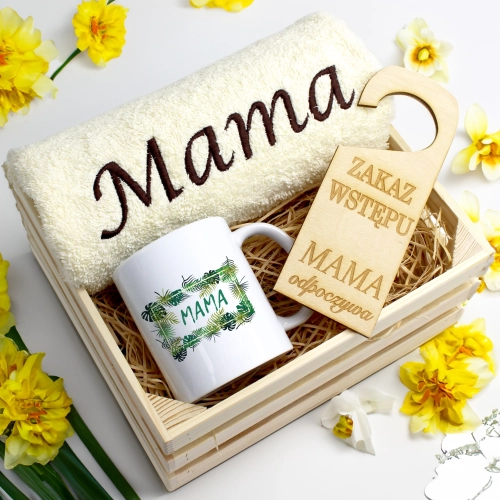 KOMPLET DLA MAMY RĘCZNIK Z HAFTEM + KUBEK 330ml NA PREZENT DZIEŃ MATKI MAMA