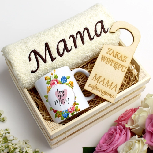 KOMPLET DLA MAMY RĘCZNIK Z HAFTEM + KUBEK 330ml NA PREZENT DZIEŃ MATKI MAMA