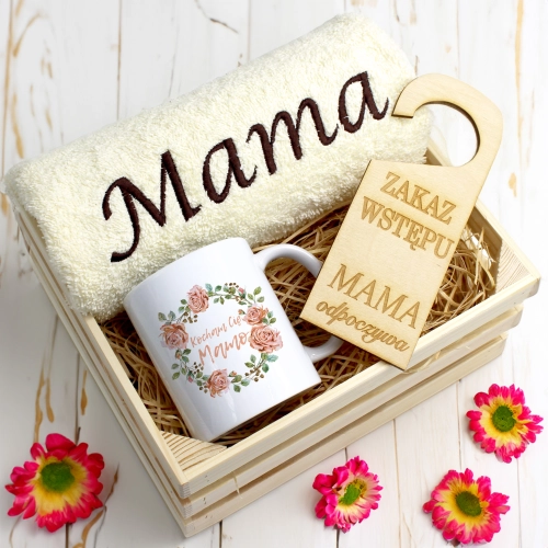 KOMPLET DLA MAMY RĘCZNIK Z HAFTEM + KUBEK 330ml NA PREZENT DZIEŃ MATKI MAMA