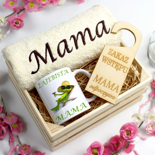 KOMPLET DLA MAMY RĘCZNIK Z HAFTEM + KUBEK 330ml NA PREZENT DZIEŃ MATKI MAMA