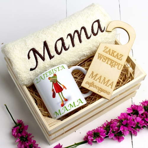 KOMPLET DLA MAMY RĘCZNIK Z HAFTEM + KUBEK 330ml NA PREZENT DZIEŃ MATKI MAMA