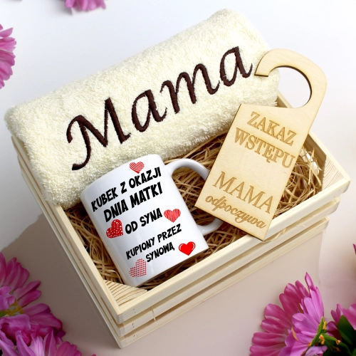KOMPLET DLA MAMY RĘCZNIK Z HAFTEM + KUBEK 330ml NA PREZENT DZIEŃ MATKI MAMA