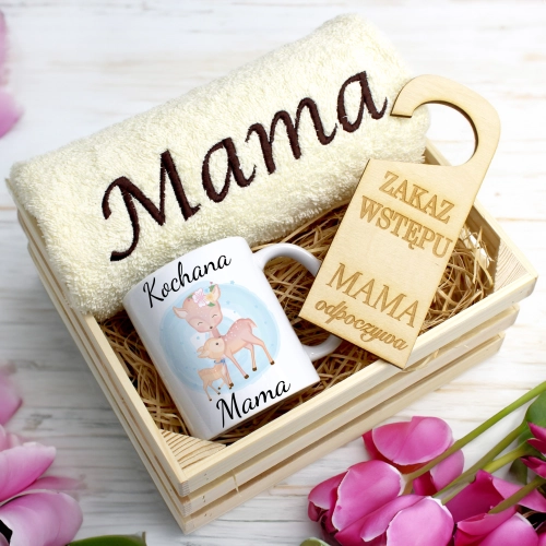 KOMPLET DLA MAMY RĘCZNIK Z HAFTEM + KUBEK 330ml NA PREZENT DZIEŃ MATKI MAMA