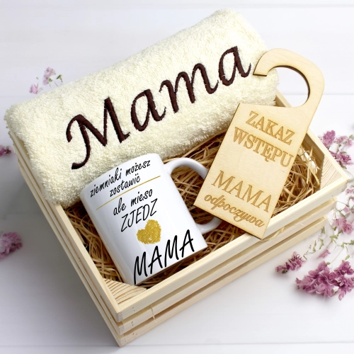 KOMPLET DLA MAMY RĘCZNIK Z HAFTEM + KUBEK 330ml NA PREZENT DZIEŃ MATKI MAMA