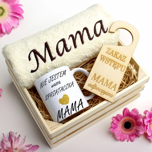 KOMPLET DLA MAMY RĘCZNIK Z HAFTEM + KUBEK 330ml NA PREZENT DZIEŃ MATKI MAMA