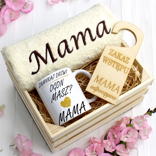 KOMPLET DLA MAMY RĘCZNIK Z HAFTEM + KUBEK 330ml NA PREZENT DZIEŃ MATKI MAMA