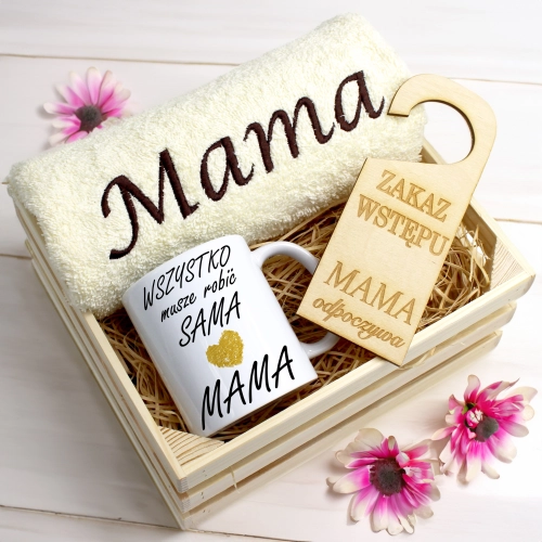 KOMPLET DLA MAMY RĘCZNIK Z HAFTEM + KUBEK 330ml NA PREZENT DZIEŃ MATKI MAMA