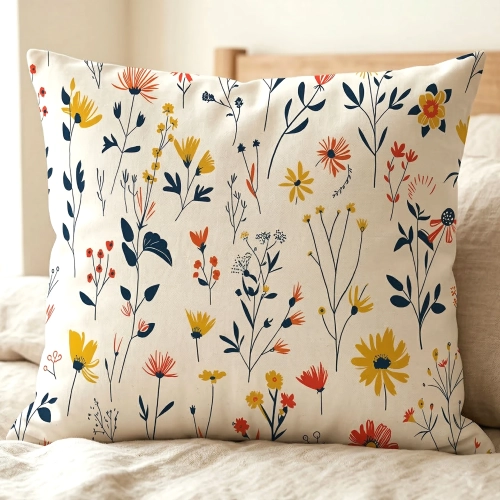 Bawełniana poszewka sypialniana we wzór w radosne kwiaty na łóżku