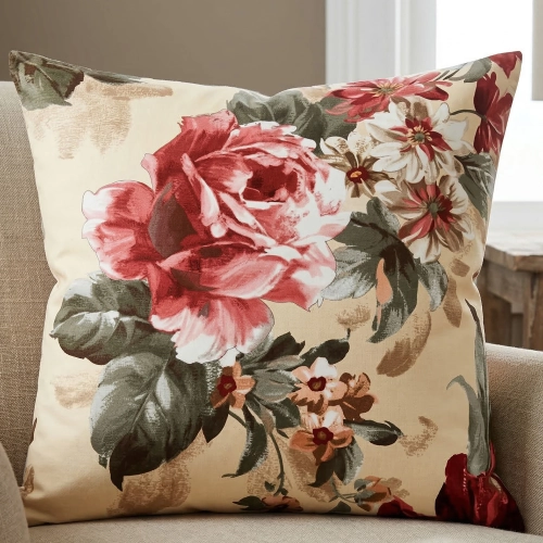 Ozdobna poszewka na jasiek we wzór Vintage Peonie na fotelu