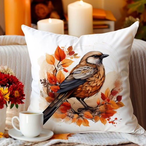 POSZEWKA DEKORACYJNA JESIENNA VELVET 40x40 WELUROWA JESIEŃ PTAK