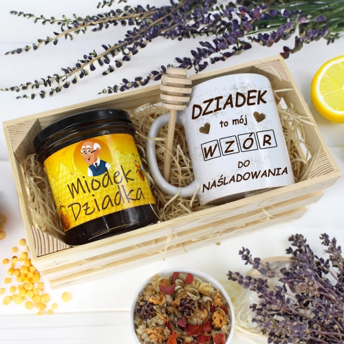 PREZENT DLA DZIADKA KOMPLET KUBEK MIÓD NATURALNY SKRZYNCE DZIADEK UPOMINEK
