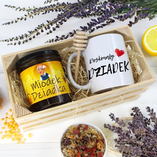PREZENT DLA DZIADKA KOMPLET KUBEK MIÓD NATURALNY SKRZYNCE DZIADEK UPOMINEK