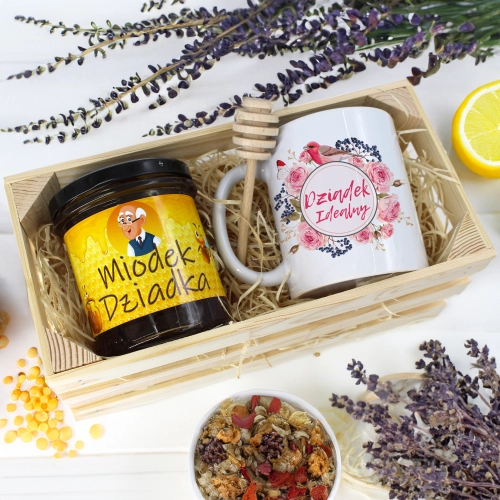 PREZENT DLA DZIADKA KOMPLET KUBEK MIÓD NATURALNY SKRZYNCE DZIADEK UPOMINEK