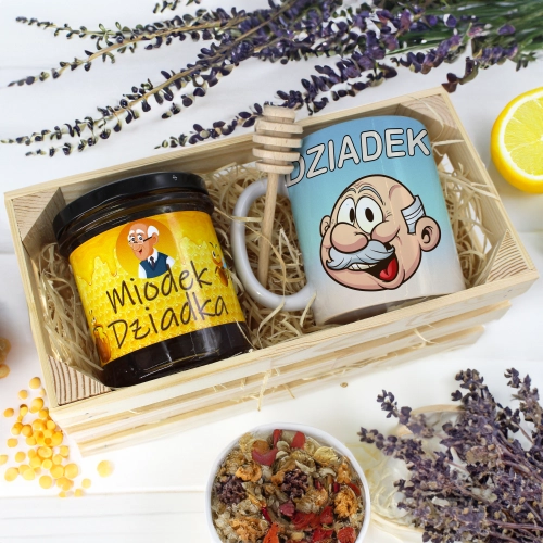 PREZENT DLA DZIADKA KOMPLET KUBEK MIÓD NATURALNY SKRZYNCE DZIADEK UPOMINEK