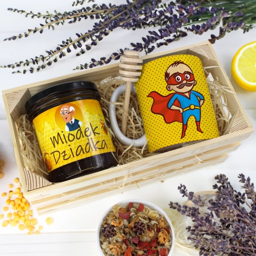 PREZENT DLA DZIADKA KOMPLET KUBEK MIÓD NATURALNY SKRZYNCE DZIADEK UPOMINEK