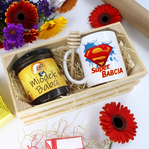 PREZENT DLA BABCI KOMPLET KUBEK MIÓD NATURALNY SKRZYNCE BABCIA UPOMINEK