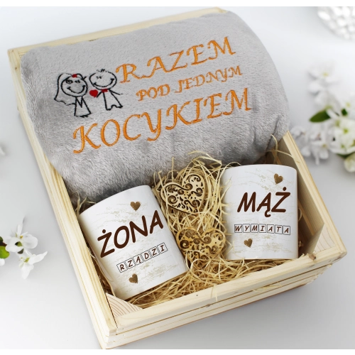 PREZENT ŚLUBNY ZESTAW KOC 160x200 + KUBKI ŻONA MĄŻ