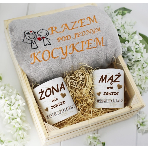 PREZENT ŚLUBNY ZESTAW KOC 160x200 + KUBKI ŻONA MĄŻ