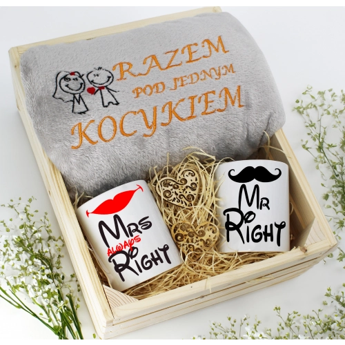 PREZENT ŚLUBNY ZESTAW KOC 160x200 + KUBKI ŻONA MĄŻ