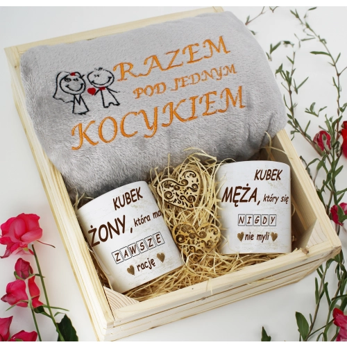 PREZENT ŚLUBNY ZESTAW KOC 160x200 + KUBKI ŻONA MĄŻ