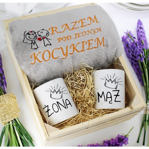 PREZENT ŚLUBNY ZESTAW KOC 160x200 + KUBKI ŻONA MĄŻ