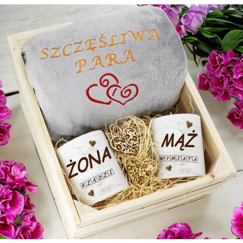 PREZENT ŚLUBNY ZESTAW KOC 160x200 + KUBKI ŻONA MĄŻ
