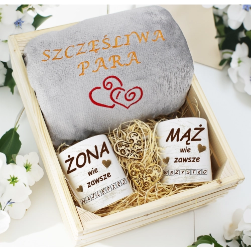 PREZENT ŚLUBNY ZESTAW KOC 160x200 + KUBKI ŻONA MĄŻ