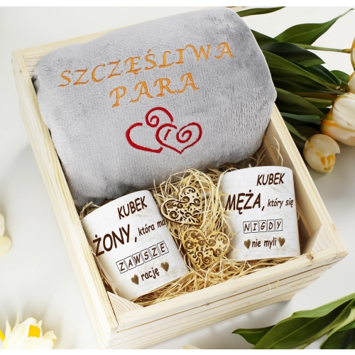 PREZENT ŚLUBNY ZESTAW KOC 160x200 + KUBKI ŻONA MĄŻ