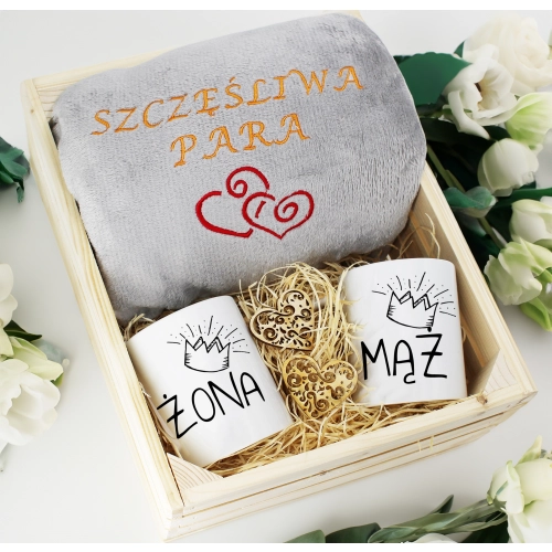 PREZENT ŚLUBNY ZESTAW KOC 160x200 + KUBKI ŻONA MĄŻ