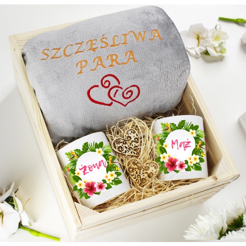 PREZENT ŚLUBNY ZESTAW KOC 160x200 + KUBKI ŻONA MĄŻ