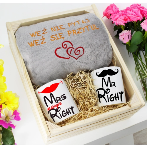PREZENT ŚLUBNY ZESTAW KOC 160x200 + KUBKI ŻONA MĄŻ