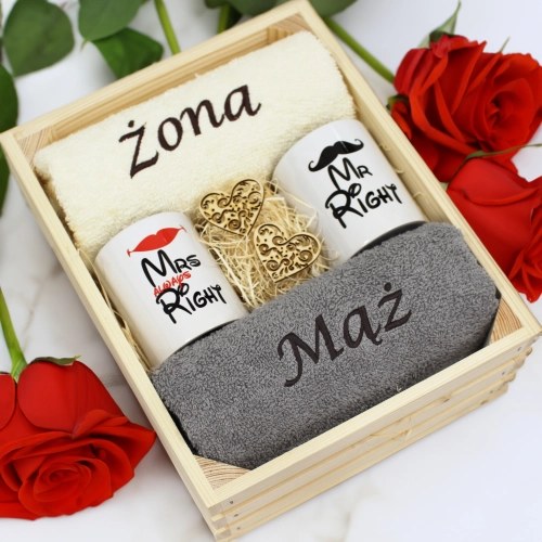 PREZENT ŚLUBNY ZESTAW RĘCZNIKI + KUBKI ŻONA i MĄŻ