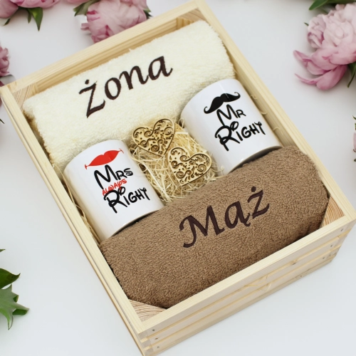 PREZENT ŚLUBNY ZESTAW RĘCZNIKI + KUBKI ŻONA i MĄŻ