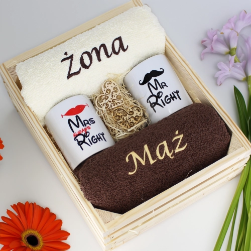 PREZENT ŚLUBNY ZESTAW RĘCZNIKI + KUBKI ŻONA i MĄŻ