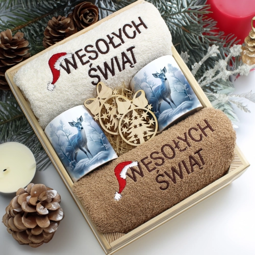 ZESTAW PREZENT ŚWIĄTECZNY KOMPLET KUBKI RĘCZNIKI W SKRZYNCE ŚWIĘTA MIKOŁAJ