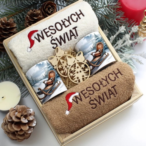 ZESTAW PREZENT ŚWIĄTECZNY KOMPLET KUBKI RĘCZNIKI W SKRZYNCE ŚWIĘTA MIKOŁAJ