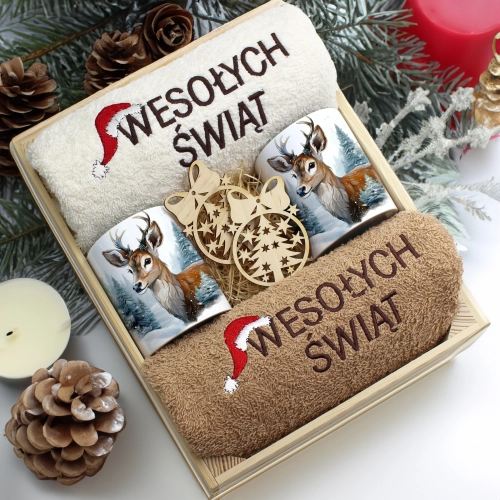 ZESTAW PREZENT ŚWIĄTECZNY KOMPLET KUBKI RĘCZNIKI W SKRZYNCE ŚWIĘTA MIKOŁAJ