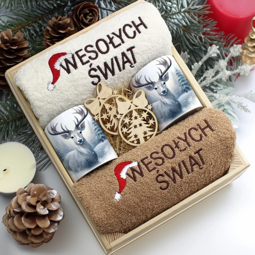 ZESTAW PREZENT ŚWIĄTECZNY KOMPLET KUBKI RĘCZNIKI W SKRZYNCE ŚWIĘTA MIKOŁAJ