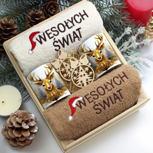 ZESTAW PREZENT ŚWIĄTECZNY KOMPLET KUBKI RĘCZNIKI W SKRZYNCE ŚWIĘTA MIKOŁAJ