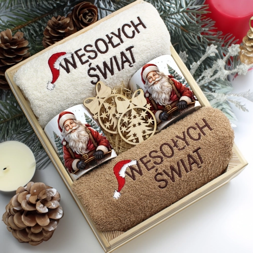 ZESTAW PREZENT ŚWIĄTECZNY KOMPLET KUBKI RĘCZNIKI W SKRZYNCE ŚWIĘTA MIKOŁAJ