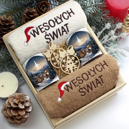 ZESTAW PREZENT ŚWIĄTECZNY KOMPLET KUBKI RĘCZNIKI W SKRZYNCE ŚWIĘTA MIKOŁAJ
