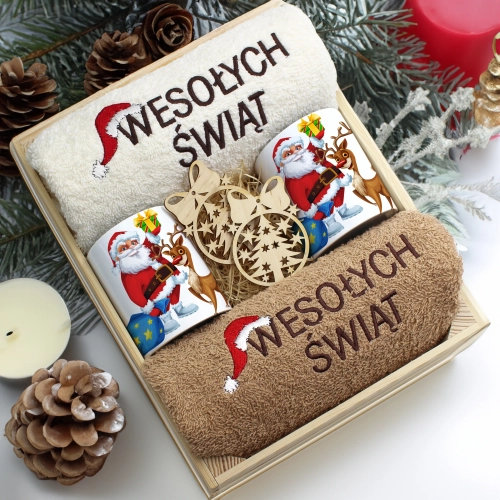 ZESTAW PREZENT ŚWIĄTECZNY KOMPLET KUBKI RĘCZNIKI W SKRZYNCE ŚWIĘTA MIKOŁAJ