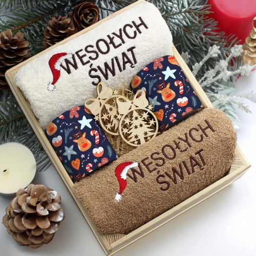 ZESTAW PREZENT ŚWIĄTECZNY KOMPLET KUBKI RĘCZNIKI W SKRZYNCE ŚWIĘTA MIKOŁAJ