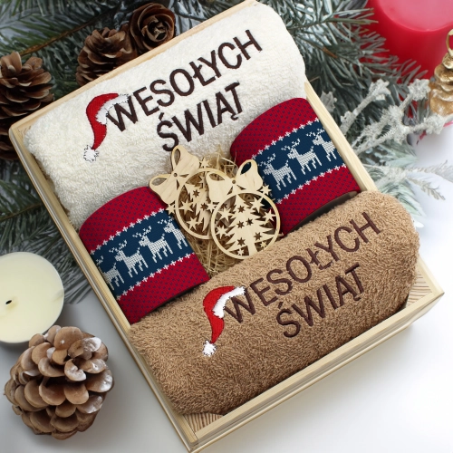 ZESTAW PREZENT ŚWIĄTECZNY KOMPLET KUBKI RĘCZNIKI W SKRZYNCE ŚWIĘTA MIKOŁAJ