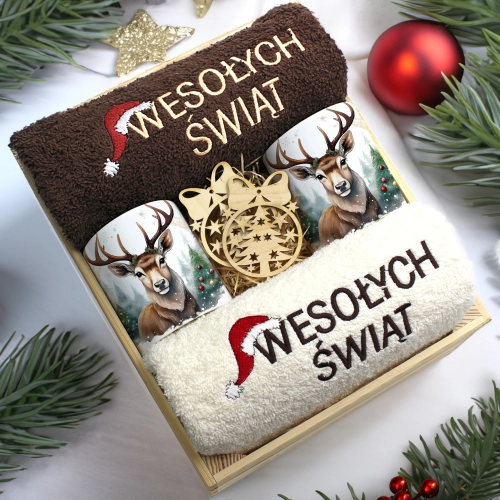 ZESTAW PREZENT ŚWIĄTECZNY KOMPLET KUBKI RĘCZNIKI W SKRZYNCE ŚWIĘTA MIKOŁAJ