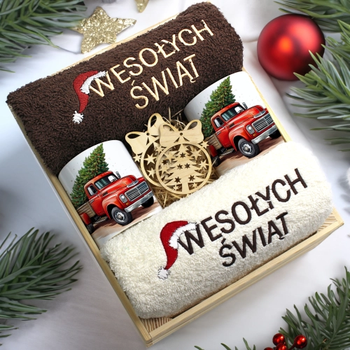 ZESTAW PREZENT ŚWIĄTECZNY KOMPLET KUBKI RĘCZNIKI W SKRZYNCE ŚWIĘTA MIKOŁAJ