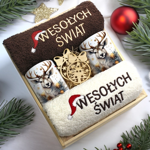 ZESTAW PREZENT ŚWIĄTECZNY KOMPLET KUBKI RĘCZNIKI W SKRZYNCE ŚWIĘTA MIKOŁAJ